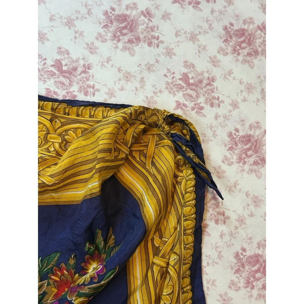 Harvé Benard Floral Silk Scarf Navy Gold Square 33x35 Vintage
